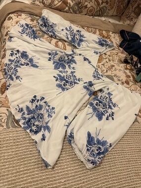 Free People White Jumpsuit with Blue Floral Motif
